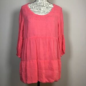 Bright pink tiered 3/4 sleeve top coverup semi sheer silk feel (rayon) sz S